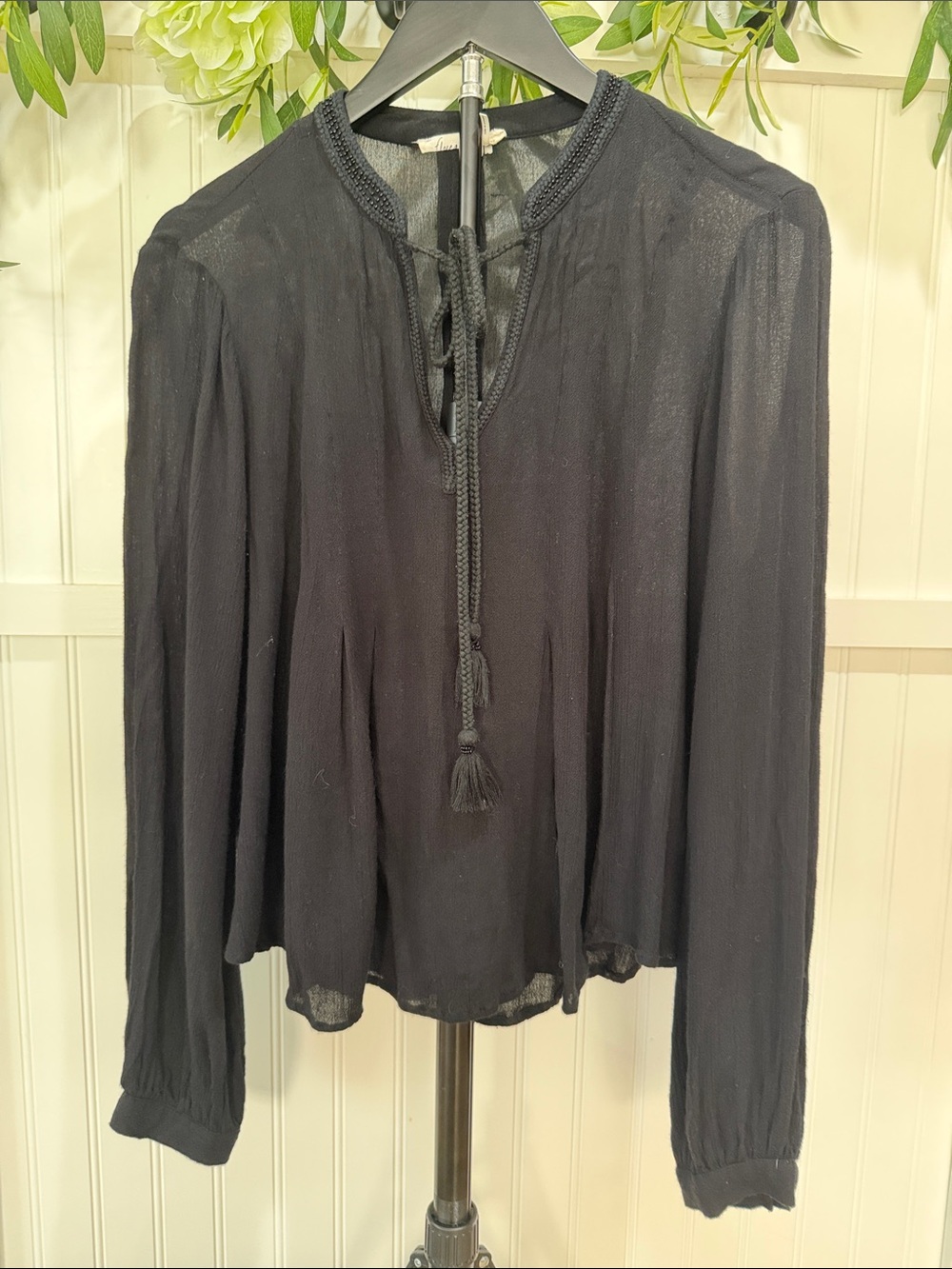 #932 Anthropologie FLOREAT Black Gauzy Rope Tassel Tie Blouse